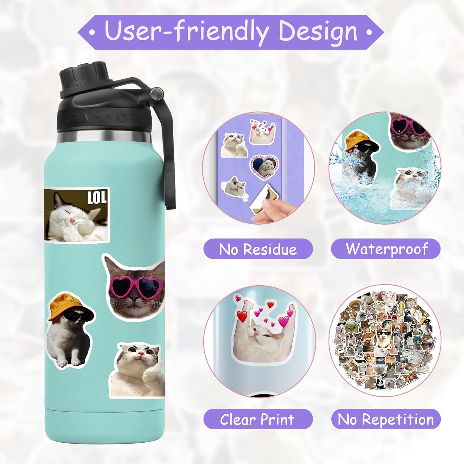100-Pack Cute Cat Meme Stickers – Waterproof Vinyl Set
