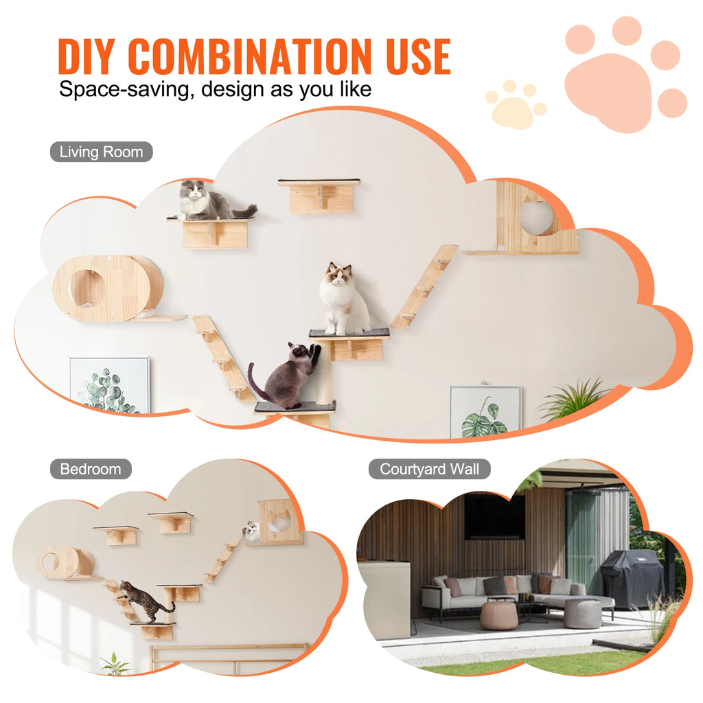 Wall Mounted Cat Shelves with Perches and Hammock
