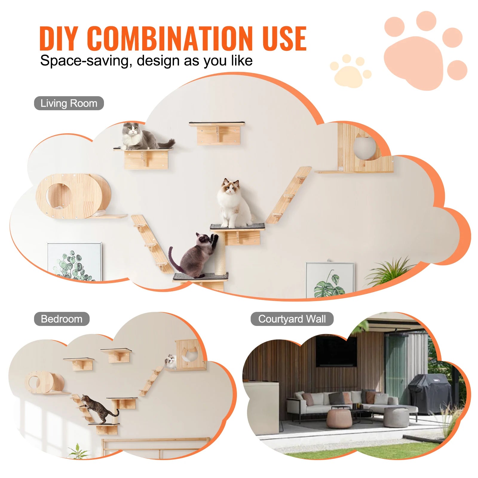 Wall Mounted Cat Shelves with Perches and Hammock