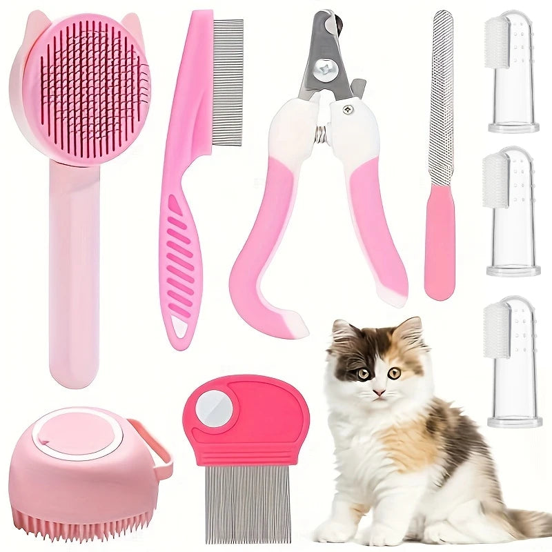 8-Piece Cat Grooming Kit with Brushes and Nail Tools