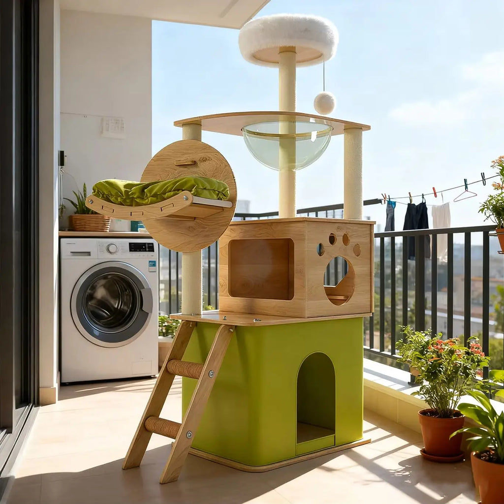 Floor-to-Ceiling Solid Wood Cat Tree Tower with Posts