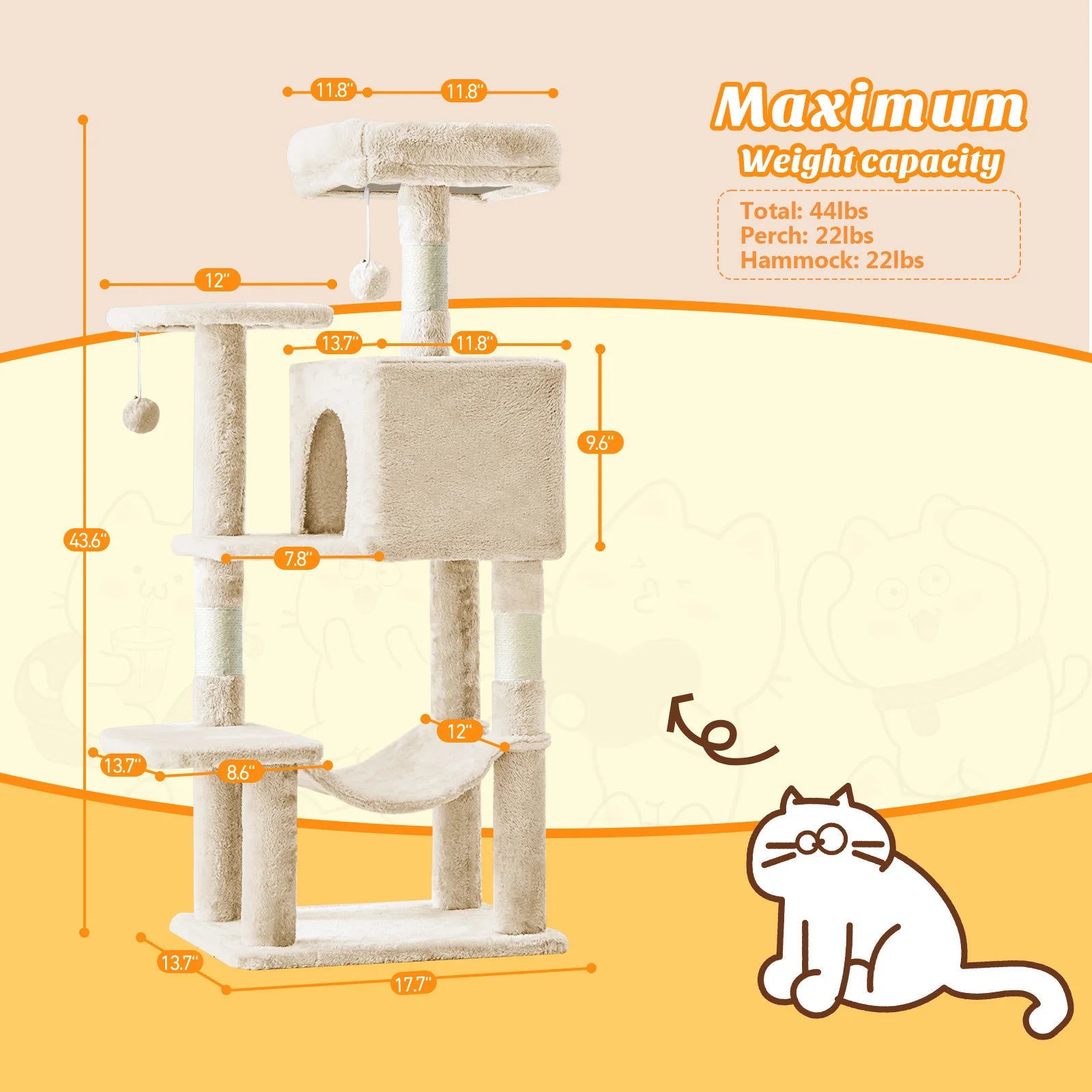 44-Inch Cat Tree Tower with Sisal Scratching Posts