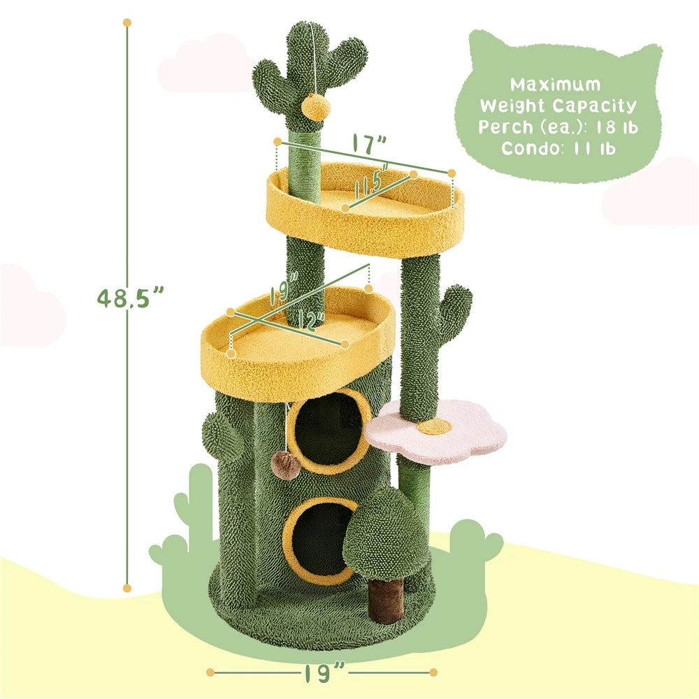 48.5in Cactus Cat Tree Tower with Perches & Condo