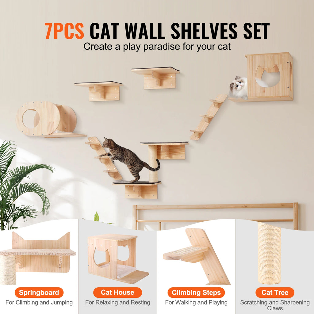Wall Mounted Cat Shelves with Perches and Hammock